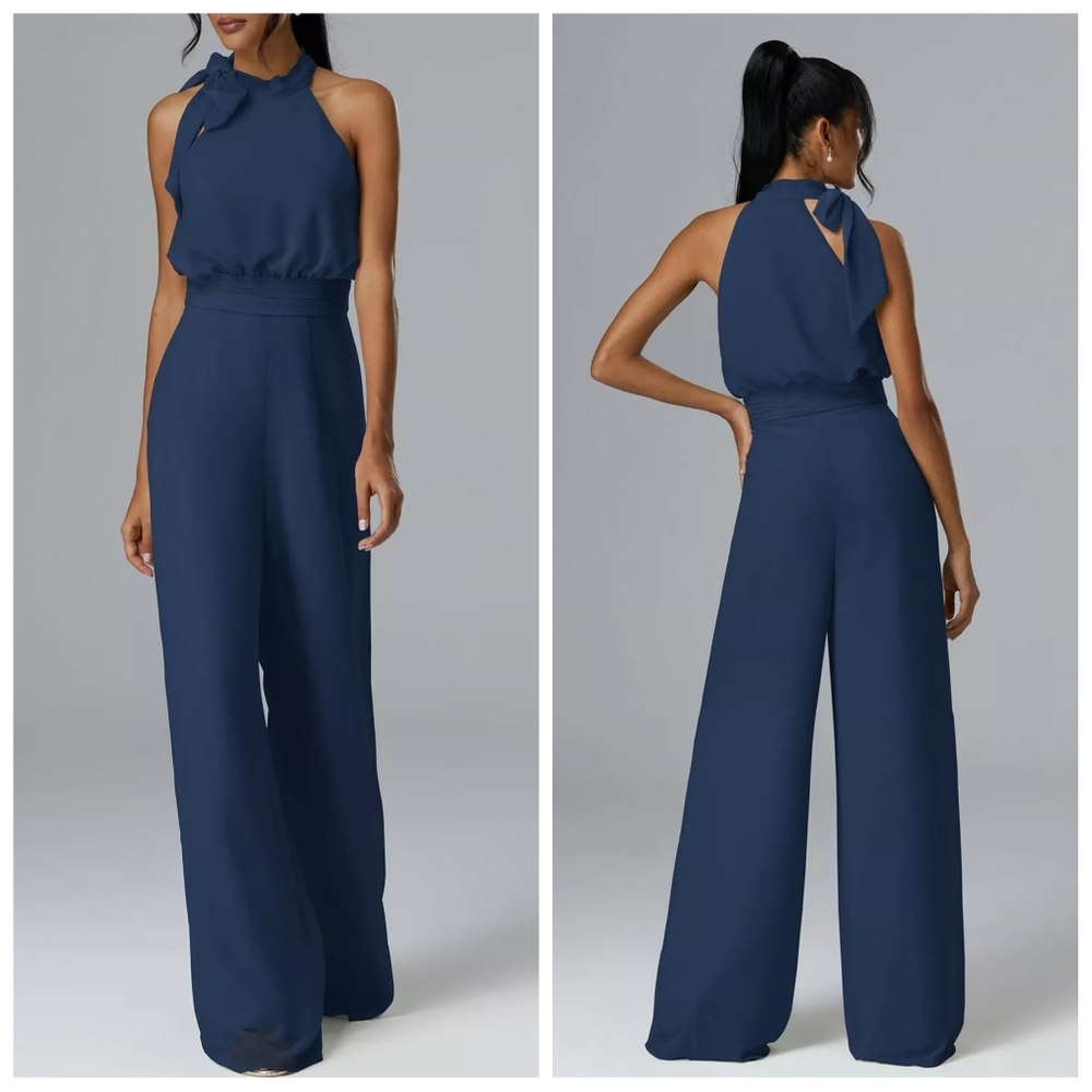 AW Rosalie Chiffon Halter Jumpsuit | Navy | Floor Length | Built-In Bra | NWOT